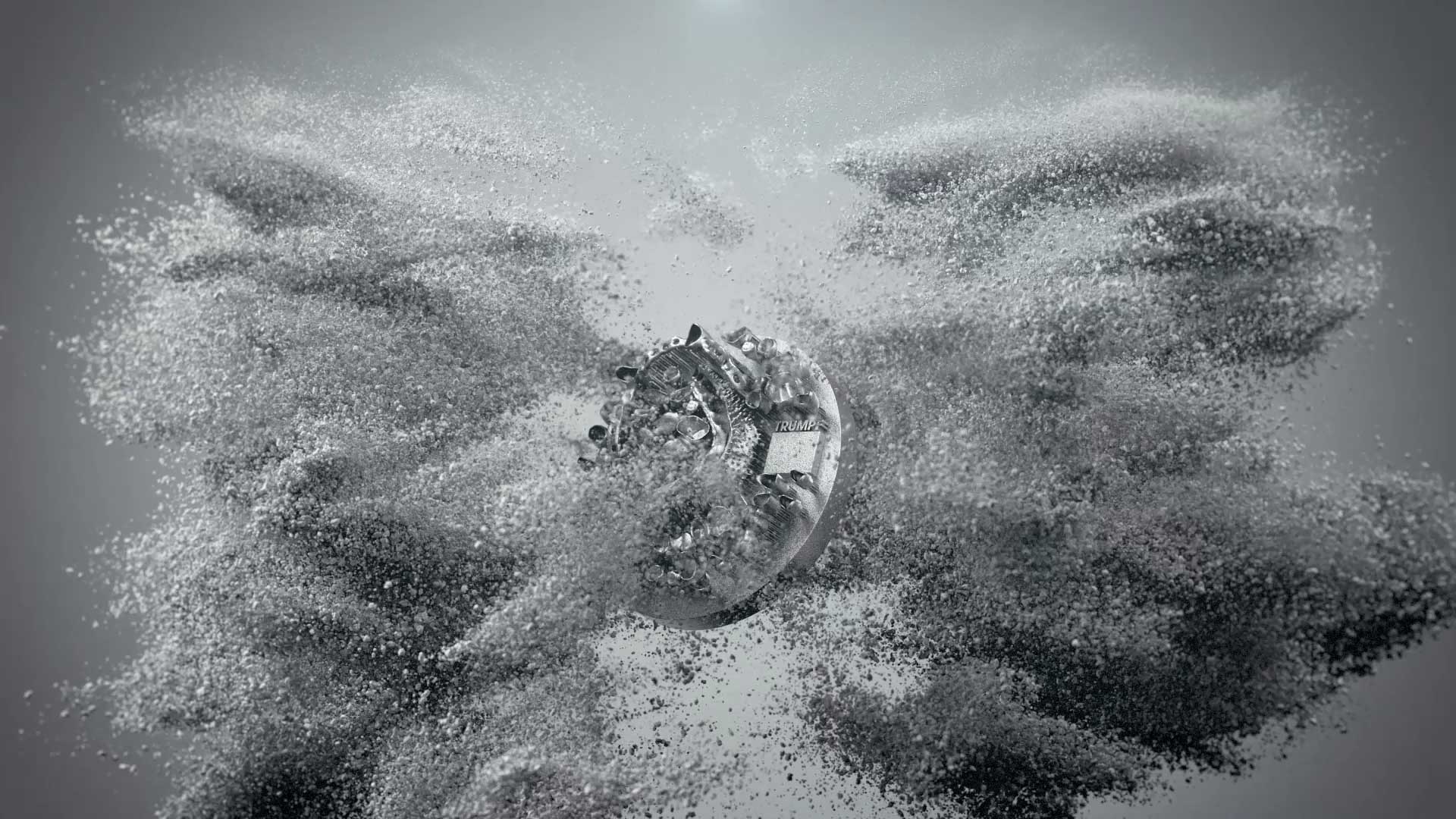 Ausschnitt aus dem Additive Manufacturing Film für Trumpf, Dentalplatte in Pulverexplosion