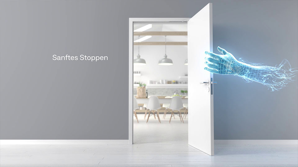Ausschnit aus der GEZE Active Stop 3D-Animation - CG Hand hält Tür auf