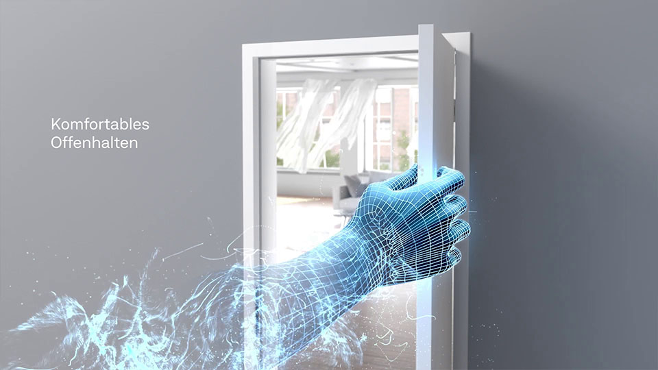 Ausschnit aus der GEZE Active Stop 3D-Animation - CG Hand hält Türe fest mit Text 