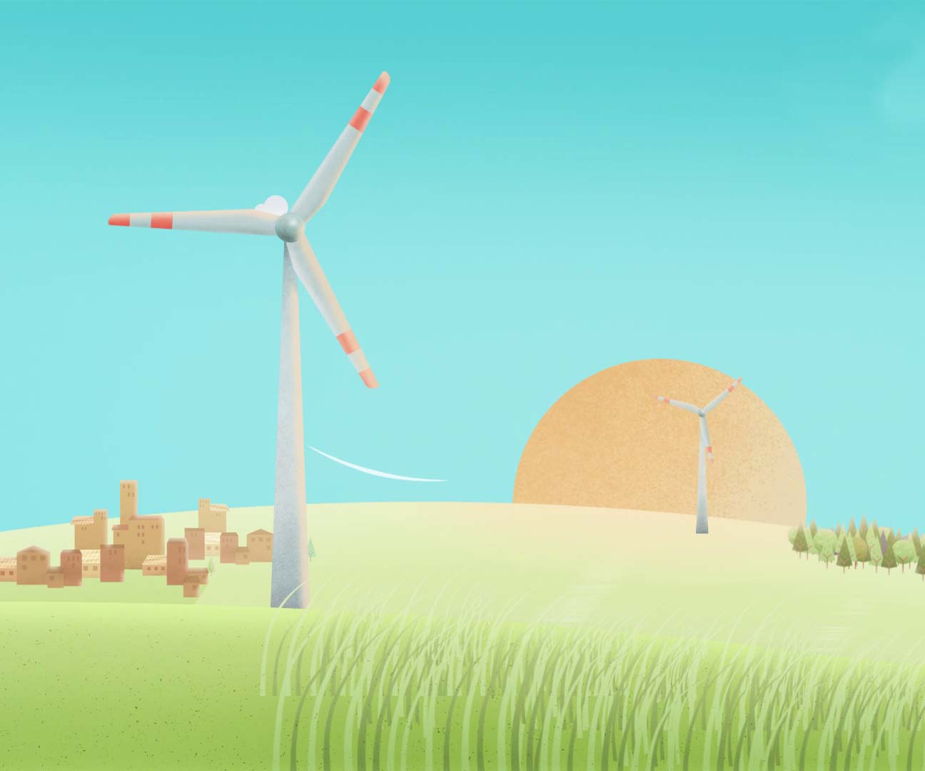 Zwei Windräder in grüner Landschaft